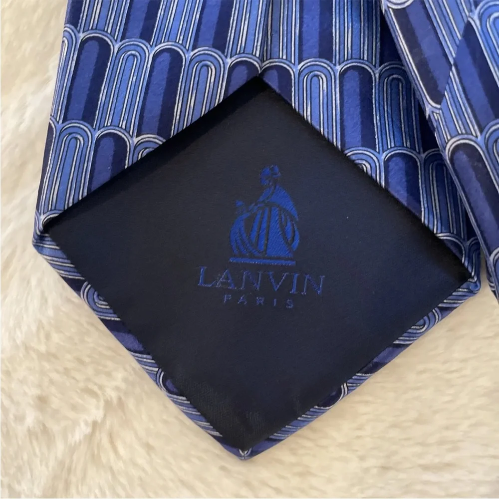 LANVIN PARIS made in France Shingle Print Silk Power Tie‎ In Blue $195
